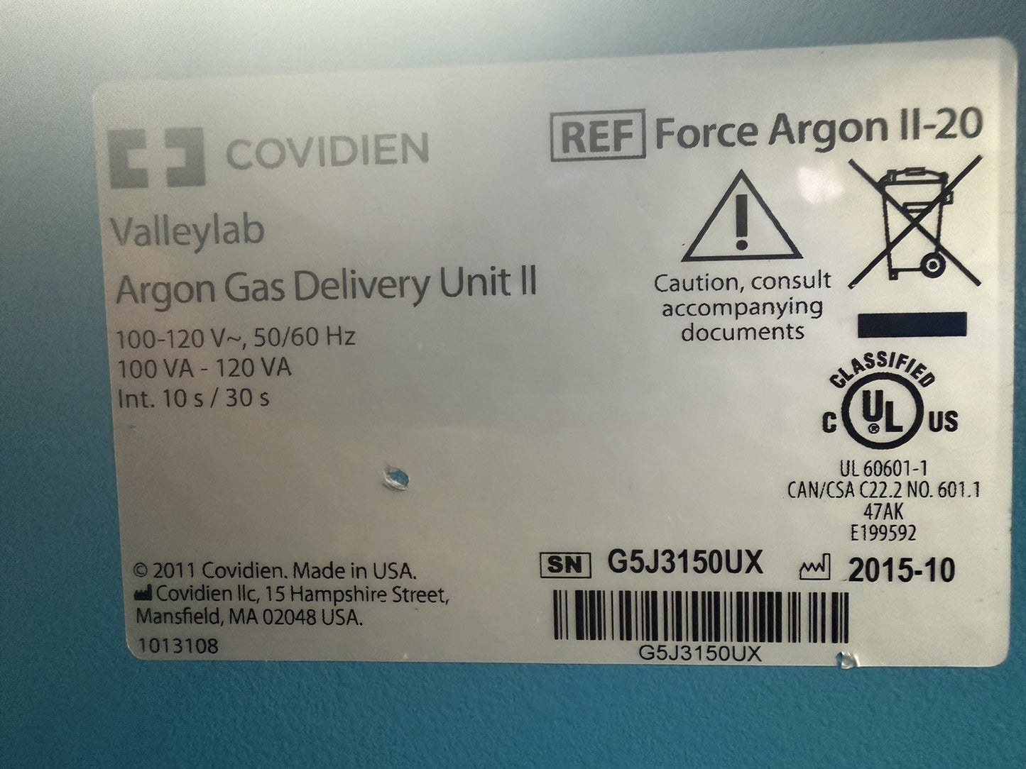 2015 Covidien ValleyLab Force Argon II 20 Gas Delivery Unit II