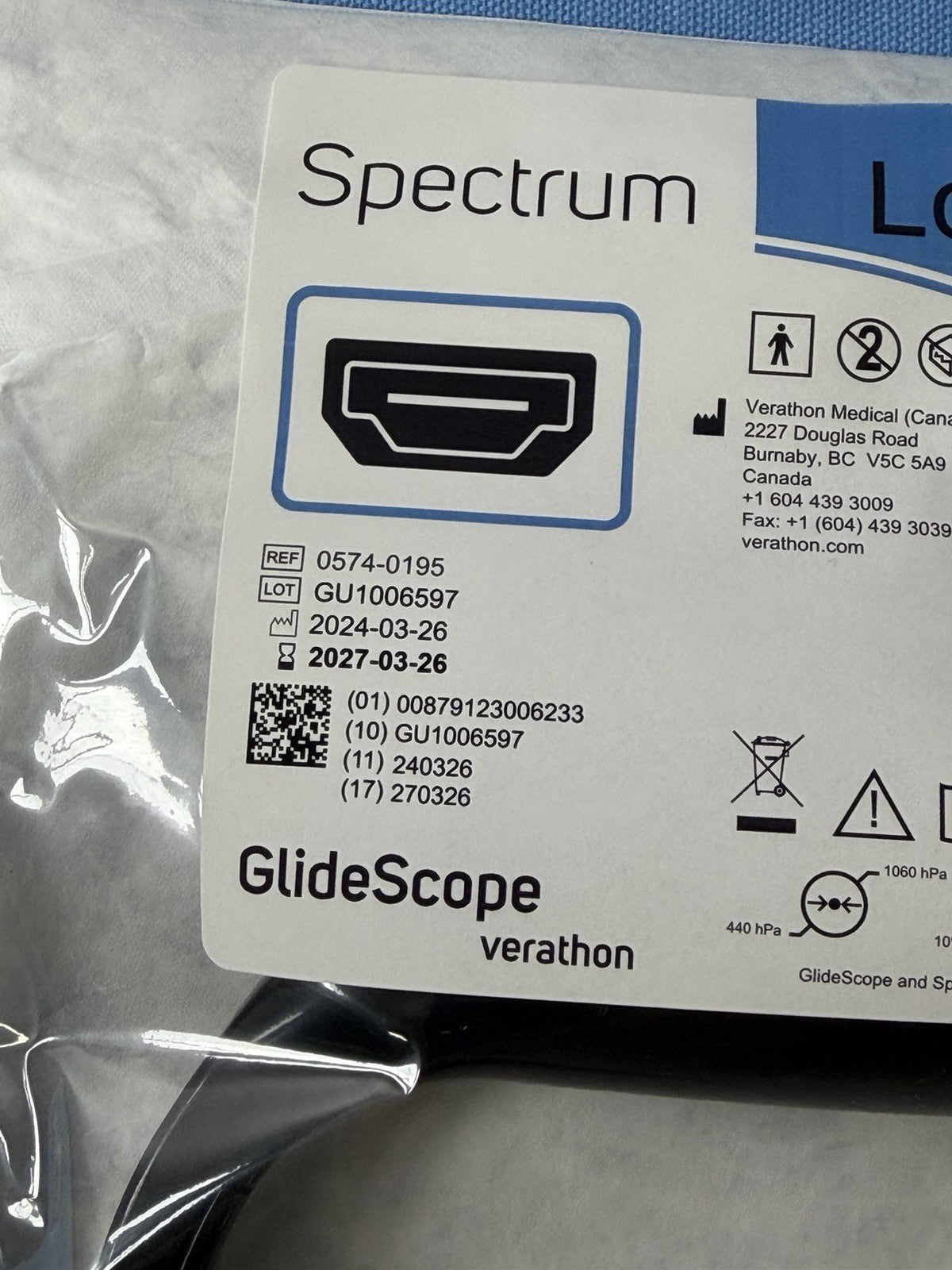GlideScope Spectrum LoPro S4 Video Laryngoscope  0574-0195  Exp.2027-03
