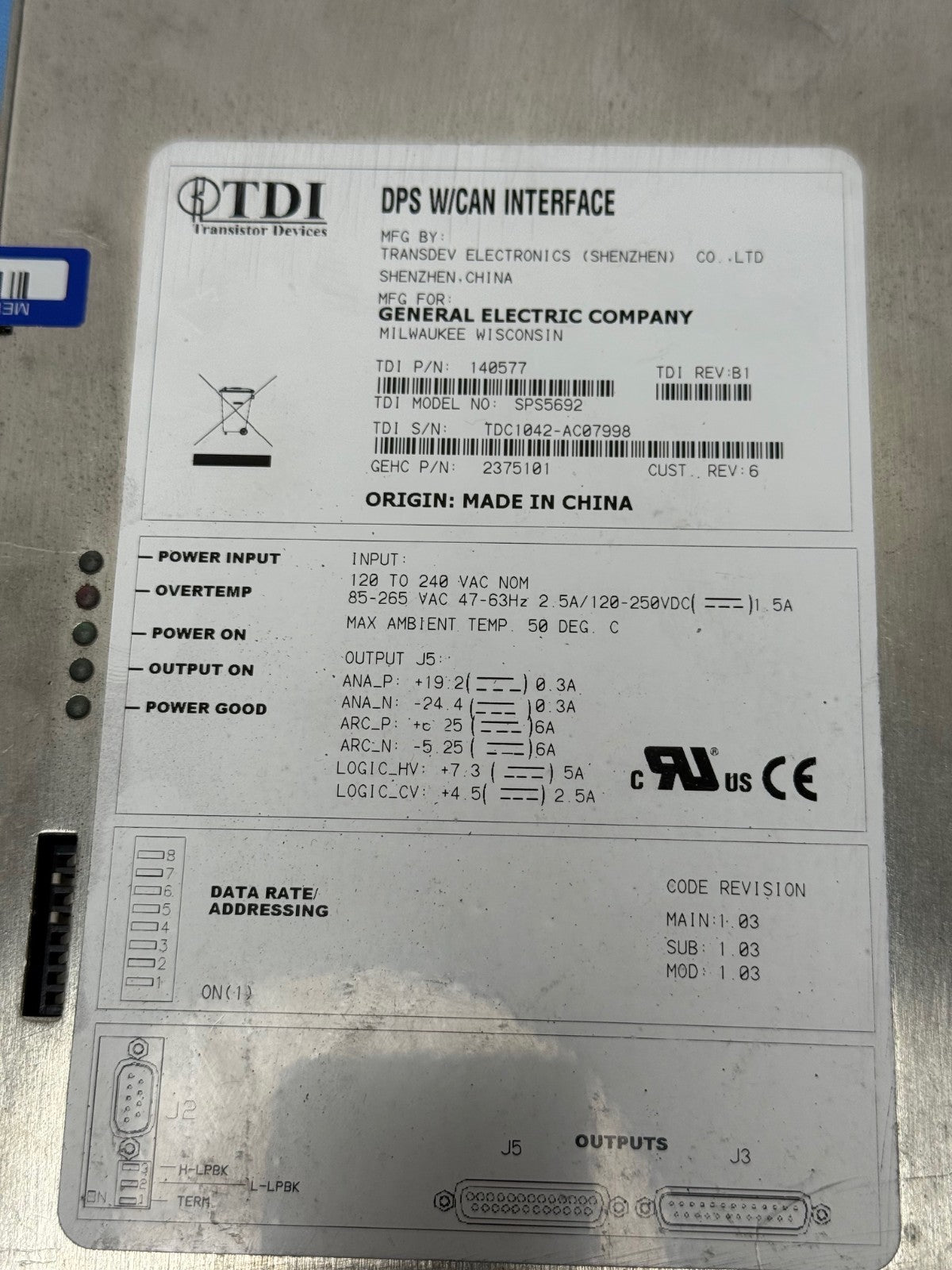 GE TDI DPS with CAN Interface Digital Detector Power Supply 2375101  /TDI 140577